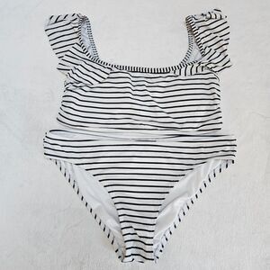 Vince Camuto Swim Ruffle On/Off Shoulder Bandeau Stripe Bikini White/Black SZ L
